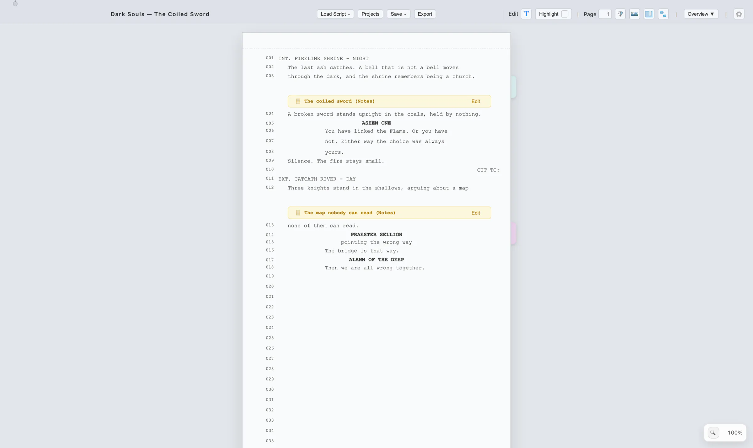 Script page with two coloured event sleeves in the right gutter marking their line ranges